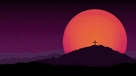 An illustration depicts a cross atop a hill, silhouetted against a large, colorful sun setting in a gradient sky. The scene is primarily composed of dark shades and warm colors, suggesting a tranquil outdoor environment. This image could be used for various commercial or editorial purposes.の素材