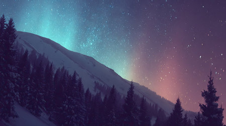 An ethereal illustration depicts a mountain range beneath a vibrant night sky. The aurora borealis paints the heavens with shades of teal and orange. Silhouetted evergreen trees frame the foreground. The atmospheric artwork suggests possibilities for digital art, design projects, and visual storytelling.の素材