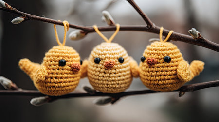 This image presents three yellow crochet bird ornaments suspended from a tree branch. The birds exhibit a textured, handcrafted appearance against a blurred background. The soft lighting and composition evoke a sense of warmth and springtime. Ideal for illustrating themes related to crafts, seasonal decorations, or handmade goods.の素材