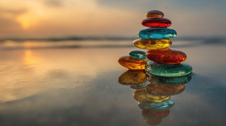 A balanced stack of vibrant, translucent stones stands on a reflective surface, mirroring the composition. The artwork showcases a range of colors, from red and orange to blue and green. The backdrop features a blurred sunset scene, suggesting an outdoor environment. Suitable for editorial use or as a decorative design.の素材