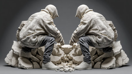 Two individuals, clad in matching hooded jackets and pants, are shown in a symmetrical composition. They sit on abstract, light-colored rock formations, with a neutral background. The lighting is even, highlighting the textures and forms. This image could be used for various commercial and editorial purposes.の素材