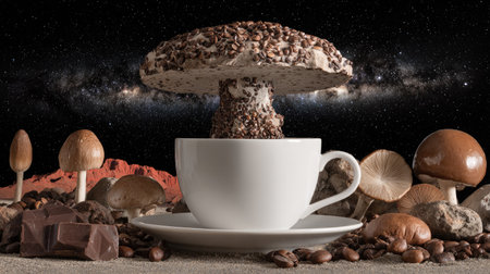 An unusual image features a coffee cup with a mushroom growing inside, surrounded by cocoa, beans, and other mushrooms. The composition showcases earthy tones, textures, and selective lighting, set against a cosmos background. This photograph could be utilized for creative concepts, advertising, and editorial content.の素材