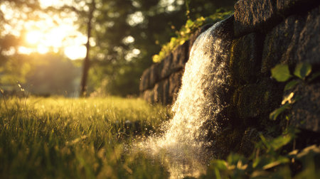 A close-up view depicts a waterfall flowing over a stone wall into a field of tall grass. The image features warm sunlight, suggesting a daytime setting, with a shallow depth of field. The scene evokes a sense of serenity. Suitable for diverse editorial and commercial applications, representing natural beauty.の素材