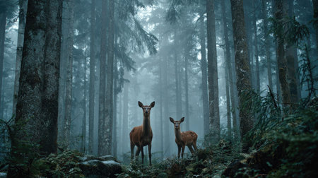 Two deer stand amidst a dense forest, their forms highlighted by soft, diffused lighting. The scene features tall, vertical trees shrouded in a light mist, creating a serene and somewhat mysterious atmosphere. This image is suitable for a variety of uses, including editorial and commercial projects.の素材