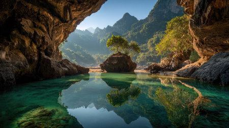 This scenic landscape depicts a calm lake reflecting the surrounding mountains and trees. The image showcases the interplay of light and shadow, highlighting the textures of the rock formations and lush vegetation. The photograph could be used for various projects, including travel publications and environmental designs.の素材