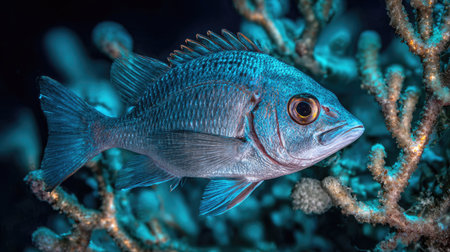 A close-up view presents a fish swimming near coral. The fish displays a silvery-blue hue with detailed scale textures. The coral formations appear in shades of blue and brown, against a dark background. This image could be used for educational materials or nature-related content.の素材