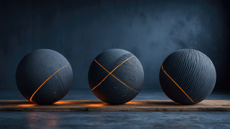 Three dark spheres with orange-gold lines rest on a wooden surface, set against a dark background. The spheres exhibit textures and intricate linear designs, enhanced by soft lighting. This image is suitable for various commercial uses, including website design, advertising, and marketing materials.の素材