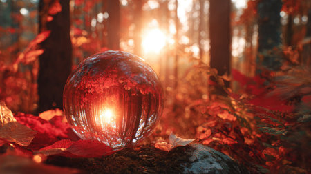 A clear, spherical object rests among fallen leaves and forest floor elements. The orb refracts warm, golden sunlight creating vibrant highlights and shadows. The composition suggests an outdoor environment with rich colors and textures, suitable for artistic, conceptual or abstract applications. This could be used for various design projects.の素材