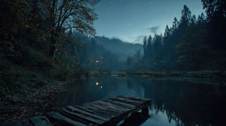 A serene lake reflects the night sky and surrounding trees, creating a dark, moody landscape. A wooden dock extends into the water, while a forest covers the hills in the background. The scene showcases cool tones, with subtle textures and atmospheric lighting ideal for various editorial and commercial applications.の素材