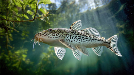 An image showcases a spotted fish swimming underwater with a view of sunlight filtering through. The fish, featuring a unique pattern, is near aquatic plants. The composition uses natural light and tones, appropriate for use in educational materials or general illustrations. The scene suggests a tranquil, natural environment.の素材