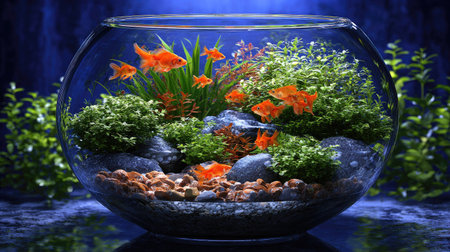 A glass aquarium bowl showcases several orange fish swimming amidst vibrant green plants and rocks. The composition features a clear glass container lit from within against a dark blue background suggesting a water environment. Suitable for illustrations and editorial content, this image captures a serene aquatic scene.の素材