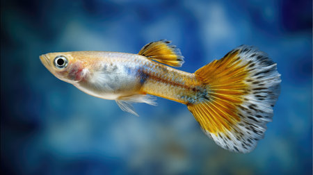 A close-up shot showcases a colorful guppy fish, its yellow tail fin contrasting against a blue background. The image highlights the fish's intricate scales and fins, demonstrating a clear focus on the aquatic subject. Ideal for various commercial applications, it could be used for educational materials or decorative designs.の素材