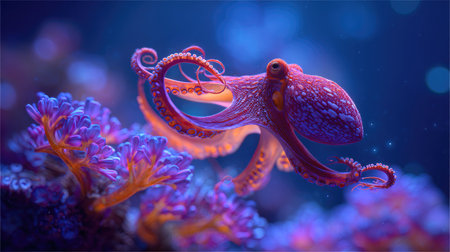 An octopus is featured in a detailed underwater scene, showcasing bright colors and intricate textures. The artwork highlights a coral reef, with the subject swimming amidst various aquatic elements. The image uses a mix of warm and cool tones, creating a visually rich composition that may be used for various editorial and commercial applications.の素材