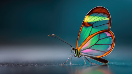 A close-up showcases a butterfly with iridescent wings. The image features a spectrum of colors, including green, orange, and blue hues. The soft-focus background complements the subject, enhancing the visual appeal. Suitable for various projects, including advertising or educational materials, the image provides ample copy space.の素材