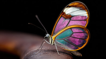 This image showcases a butterfly with colorful, transparent wings set against a dark backdrop. The detailed shot highlights the insect's delicate structure and vibrant colors, including shades of purple, blue, and yellow. This could be used for various commercial or editorial purposes, offering a visually appealing composition.の素材