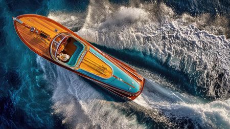 An overhead view reveals a classic wooden motorboat navigating through churning ocean waves. The boat features a polished wooden deck and vibrant turquoise and orange accents, emphasizing a retro style. The dynamic composition and intense colors create a sense of speed and adventure. Suitable for promotional material or editorial content.の素材