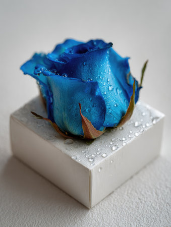 Blue rose with water drops on a white cube. Close up.の素材