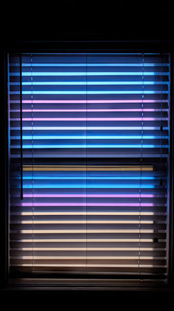 Window blinds with blue and purple neon lights in a dark roomの素材
