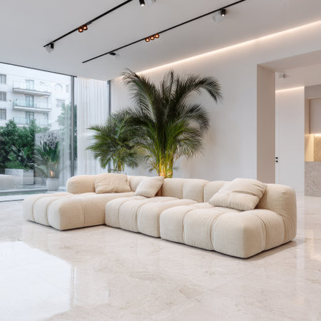 Modern living room with beige sofa and palm tree, nobody insideの素材