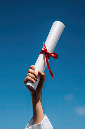 Female hand holding a diploma with a red bow on the background of blue skyの素材