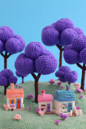 Handmade knitted houses in the form of a tree on a blue backgroundの素材