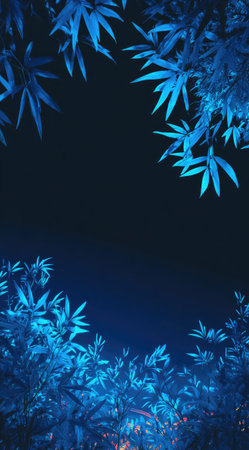 This image features a composition of blue bamboo leaves framing a dark central space. The vibrant leaves are illuminated against a dark backdrop, creating a sense of depth and contrast. The visual style suggests a stylized or artistic presentation. This image could be suitable for various design projects, decorative purposes, or digital art applications.の素材