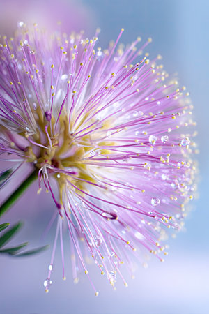 This image showcases a detailed view of a vibrant pink flower, adorned with tiny water droplets. The composition emphasizes the intricate details of the flower's structure. Soft lighting and a blurred background create a sense of tranquility. It would be appropriate for botanical studies, decorative designs, or natural beauty illustrations.の素材
