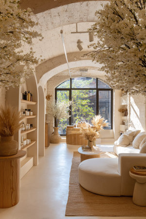 An interior space displays a contemporary design, including a curved sofa, and natural lighting. The scene features light tones, with plants adding natural elements. It is potentially suitable for showcasing interior design or lifestyle related content in advertisements and editorial uses.の素材