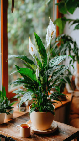 A peace lily plant features prominently, showcasing white blossoms and verdant leaves. The scene presents a natural composition with a blurred background. The plant rests on a wooden table, next to a mug, and enjoys daylight streaming from the window. Suitable for editorial and commercial applications.の素材