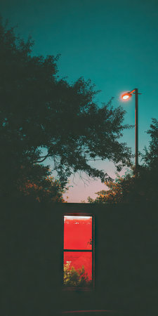 A nighttime scene features a red-lit window framed by silhouetted trees against a twilight sky. A street lamp illuminates the scene, enhancing the contrast of light and shadow. The image evokes a sense of mystery and could be used for various purposes like backgrounds or illustrations.の素材