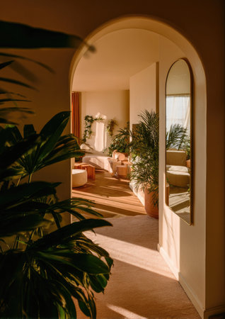 An interior shot frames an archway leading into a bright, sunlit space. The scene showcases an archway and a mirror, with lush greenery in the foreground and visible plants in the background. The warm color palette and soft lighting suggests an inviting, indoor environment suitable for various commercial purposes.の素材