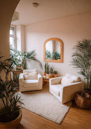 An inviting interior showcases two white armchairs arranged near a rug and window, with a wooden mirror adding depth. Lush green plants in decorative pots bring nature indoors. The soft warm lighting emphasizes the comfortable atmosphere, suggesting a relaxing space suitable for various uses.の素材