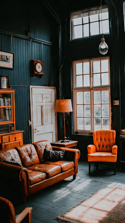 An inviting living space features a leather sofa, armchair, and wooden furniture. The scene displays a variety of textures and warm colors, with natural light pouring through the windows. This interior setting would be suitable for commercial use related to home decor, lifestyle, or design concepts.の素材