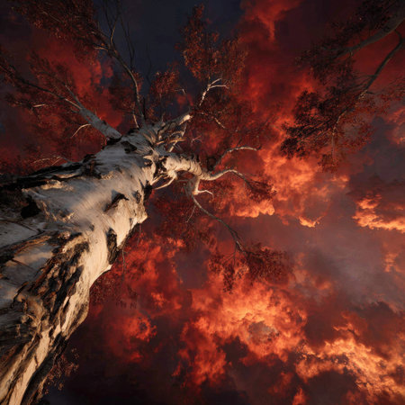 An upward perspective captures a slender tree against a backdrop of swirling orange and red clouds. The composition emphasizes the tree's height and texture, showcasing its light bark and dark branches. The sky's dramatic color palette suggests a dynamic atmosphere, suitable for various editorial and design projects.の素材