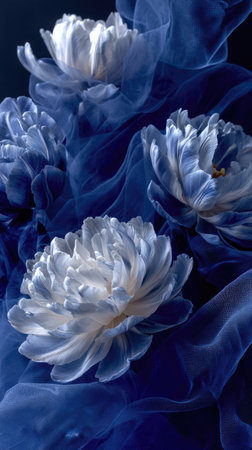 This image features a collection of delicate, blue flowers artfully arranged with flowing fabric. The composition showcases a soft, diffused lighting style and rich color palette. The image presents a visual appeal suitable for various uses, including editorial and design projects.の素材