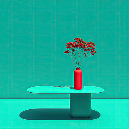 A vibrant image features a red vase holding red flowers, placed on a green table against a matching green wall. The composition is simple, with strong color contrasts and clean lines. The lighting appears even, highlighting the textures and forms. Suitable for use in design, decoration, or editorial content.の素材