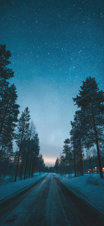 An image showcases a road through a forest at night, beneath a starry sky. The composition features tall trees lining the road, with a dark, moody color palette. The image conveys a sense of depth and tranquility. This could be used for backgrounds, travel themes, or editorial content.の素材