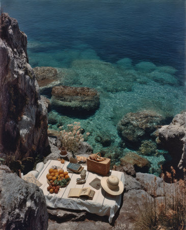 A picnic is set on a white tablecloth on a rocky outcrop, featuring a hat, fruit, and food items. The composition has an overhead perspective, with clear turquoise water in the background. Natural sunlight illuminates the scene, enhancing the vibrant colors. Suitable for commercial and editorial applications, providing a serene setting.の素材