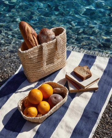 A picnic basket filled with bread and oranges sits on a striped towel, suggesting a day outdoors. The composition features a variety of textures, from the woven basket to the rough bread and smooth oranges. The scene is lit by natural light, near water, possibly a beach, lending itself to various uses.の素材