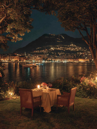 An intimate outdoor dinner scene features a table set for two, illuminated by soft candlelight. The composition showcases a dark lake and a city skyline at night with mountain silhouettes. The warm lighting creates a romantic atmosphere, ideal for various commercial and editorial applications.の素材
