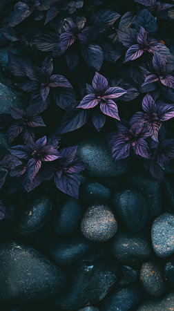 An image showcases purple basil plants contrasted with smooth, dark rocks. The composition features a close-up perspective highlighting textures and color variations. The lighting creates a mysterious ambiance. Suitable for editorial and commercial applications requiring natural elements.の素材