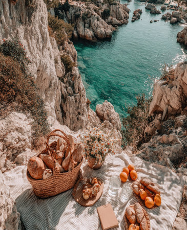 A picnic is arranged near a body of water, featuring a basket of bread, pastries, and fruits. The scene is dominated by a clear, azure sea and light-colored cliffs. The composition uses an overhead view with soft lighting, suggesting an inviting setting. It could be used for food, lifestyle, or travel-related content.の素材
