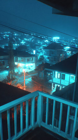 An elevated nighttime view showcases a cityscape illuminated with artificial lighting. Houses and buildings populate the scene under a dark, color-graded sky. The composition emphasizes lines and shapes, possibly capturing a sense of urban living. Suitable for illustrating various themes, this image can be used for editorial and commercial projects.の素材