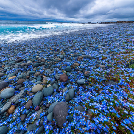 An unusual coastal scene presents a beach covered in smooth, colorful stones, intermixed with brilliant blue plant life. The water crashes onto the shore with waves breaking. The composition offers a wide perspective. This imagery could be used for natural landscape illustrations or backgrounds.の素材