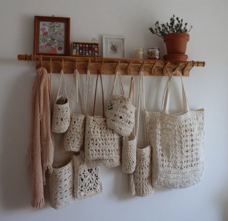 An assortment of handmade crochet bags hangs from a wooden rack beneath a shelf holding various decorative objects. The bags display a textured, open weave pattern in neutral tones. The scene is illuminated by soft, natural lighting against a plain white wall. Suitable for showcasing handcrafted items, crafts, and lifestyle themes.の素材