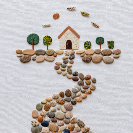 A whimsical artwork features a stone pathway leading to a house constructed from natural elements. The composition showcases a neutral color palette with warm earth tones. The arrangement is set against a clean white backdrop, possibly suitable for design projects or creative editorial purposes. The flat lay presentation adds to the visual appeal.の素材