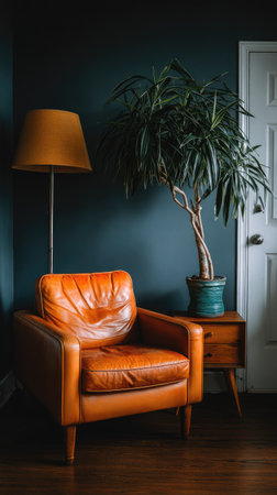 An interior shot showcases a leather armchair illuminated by a floor lamp. Beside it, a potted plant rests on a small side table. The space features deep blue walls and a white door, suggesting an indoor setting. This image could be suitable for home decor or lifestyle publications.の素材