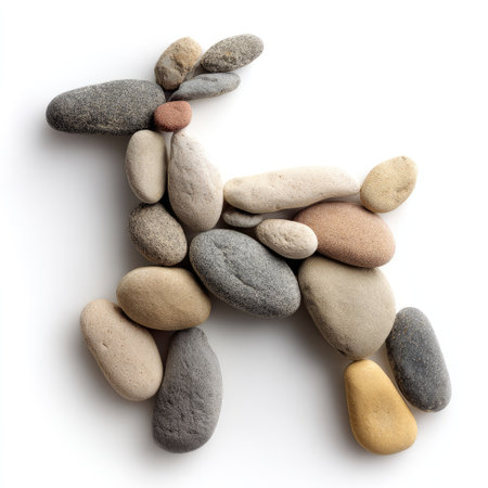 A deer figure is artfully constructed from various stones against a clean white backdrop. The arrangement showcases diverse stone shapes and colors. Overhead lighting accentuates textures and forms. Suitable for illustrating creativity, nature, or design concepts for editorial and commercial applications.の素材