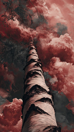 A tall tree trunk extends upwards, contrasted against an expressive sky filled with red and gray clouds. The vertical composition highlights the tree's bark texture, illuminated by diffused light. This image could be used for various commercial projects, including editorial features or artistic designs. It offers copy space and a sense of scale.の素材
