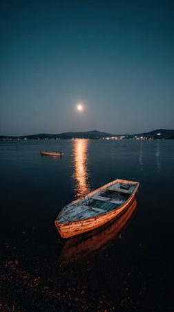 A wooden boat rests on still water beneath a vibrant full moon in a nighttime scene. The composition features a dark, reflective surface with a blurred background. The style suggests a serene environment, possibly captured outdoors, and could be utilized for various commercial and editorial projects.の素材